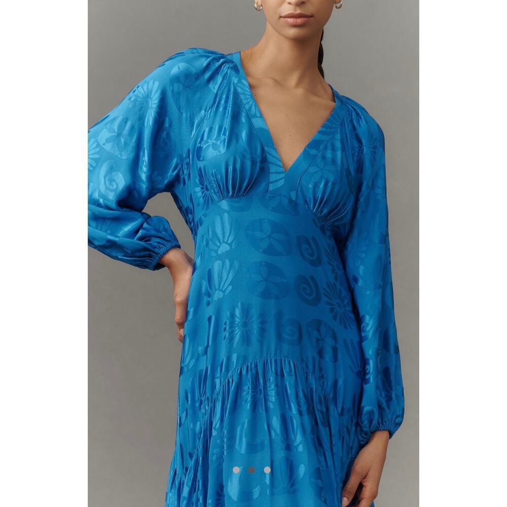 NWT FARM RIO Long-Sleeve Blue V-Neck Jacquard Maxi Dress Size Medium - Picture 2 of 3